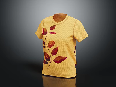 Stylish Yellow Waffle Knit Short Sleeve T shirt with Red Leaf Pattern 3d model