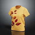 Stylish Yellow Waffle Knit Short Sleeve T shirt with Red Leaf Pattern