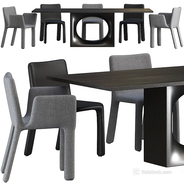 Modern Dining Table Set With Gray And Black Chairs And Wooden Top 3d model 
