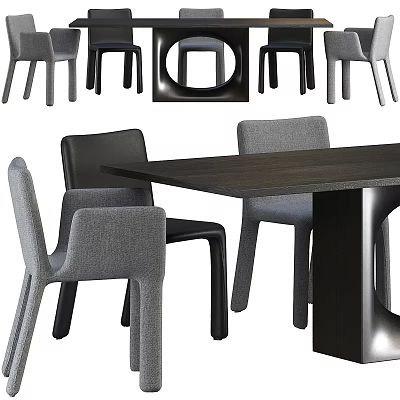 Modern Dining Table Set With Gray And Black Chairs And Wooden Top 3d model