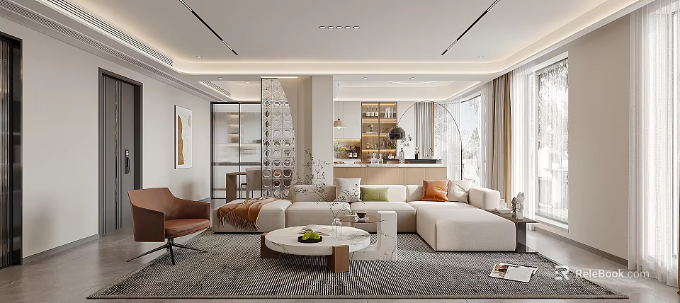 Modern Open Living Dining Room Interior With Sofa Coffee Table Dining Table And Lighting 3d model