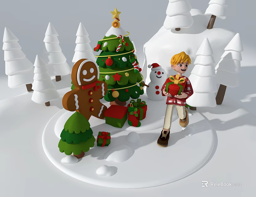 Christmas Themed Window Display with Tree Gingerbread Man Snowman Gifts and Boy in Snowy Scene 3d model 