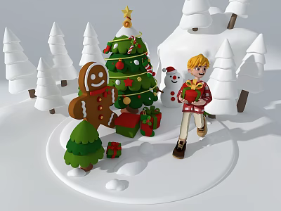 Christmas Themed Window Display with Tree Gingerbread Man Snowman Gifts and Boy in Snowy Scene 3d model
