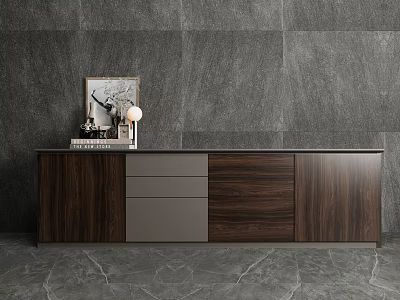 Modern Dark Wooden Entryway Console Cabinet with Drawers Doors Lamp Books and Photo Frame 3d model