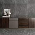 Modern Dark Wooden Entryway Console Cabinet with Drawers Doors Lamp Books and Photo Frame