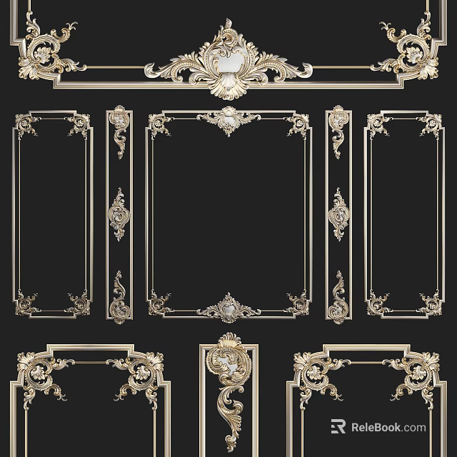 Intricate Golden Carved Decorative Frames With Various Shapes And Symmetrical Patterns 3d model