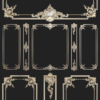 Intricate Golden Carved Decorative Frames With Various Shapes And Symmetrical Patterns 3d model