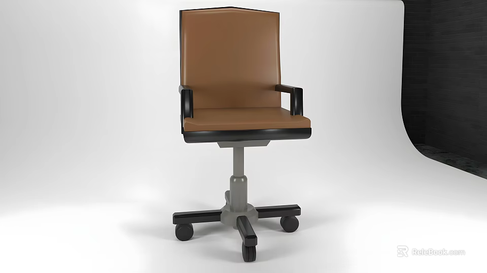 Modern Single Chair With Brown Leather Seat Black Armrests And Silver Metal Base With Wheels 3d model 