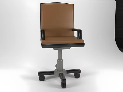 Modern Single Chair With Brown Leather Seat Black Armrests And Silver Metal Base With Wheels 3d model