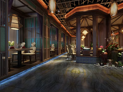Elegant Chinese Restaurant Interior With Wooden Decor Lanterns Green Plants And Dining Tables 3d model