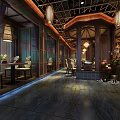 Elegant Chinese Restaurant Interior With Wooden Decor Lanterns Green Plants And Dining Tables