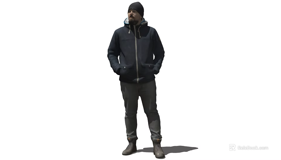 A Man Standing with Hands in Pockets Wearing Black Hooded Jacket Gray Pants Brown Boots 3d model 