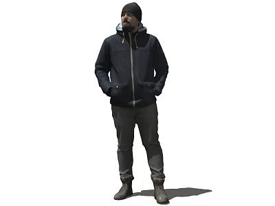 A Man Standing with Hands in Pockets Wearing Black Hooded Jacket Gray Pants Brown Boots 3d model