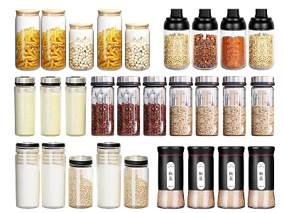 Spice Jars With Transparent Bodies And Black Lids For Storing Various Kitchen Spices 3d model