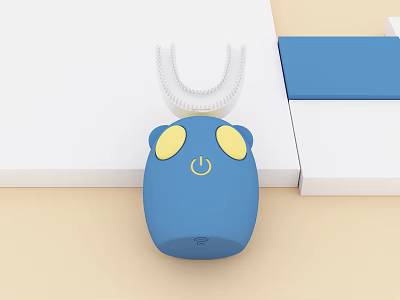 Blue Kids Electric Toothbrush With Cute Animal Design Yellow Eyes And White U Shaped Head 3d model