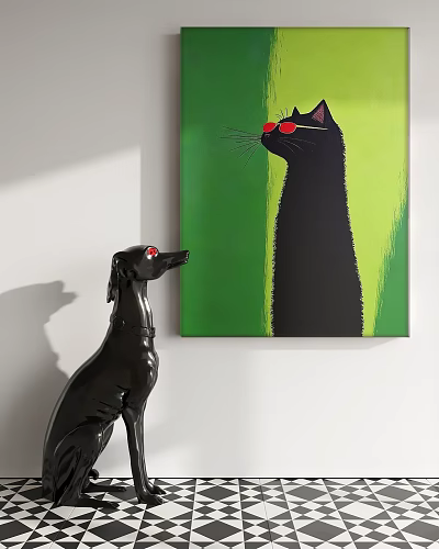 Black Cat Animal Painting With Red Glasses On Green Background And Dog Statue 3d model