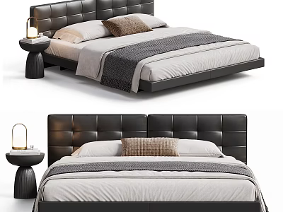 Modern Minimalist Double Bed With Leather Headboard Pillows Blanket And Side Table Lamp 3d model