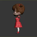 Animated 3D Game Movie Character With Brown Pigtails Red Polka Dot Dress Open Arms Pose