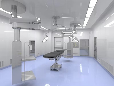 Clean Bright Operating Room With Surgical Lights Operating Table And Blue Floor 3d model