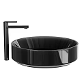 Contemporary Black Round Washbasin With Glossy Surface And Black Faucet For Bathroom