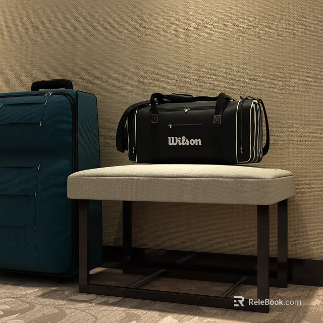 Blue Suitcase And Black Wilson Duffel Bag On Beige Bench Against Wall 3d model 