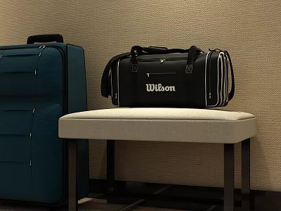 Blue Suitcase And Black Wilson Duffel Bag On Beige Bench Against Wall 3d model