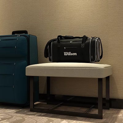 Blue Suitcase And Black Wilson Duffel Bag On Beige Bench Against Wall 3d model Blue Suitcase And Black Wilson Duffel Bag On Beige Bench Against Wall 3d model