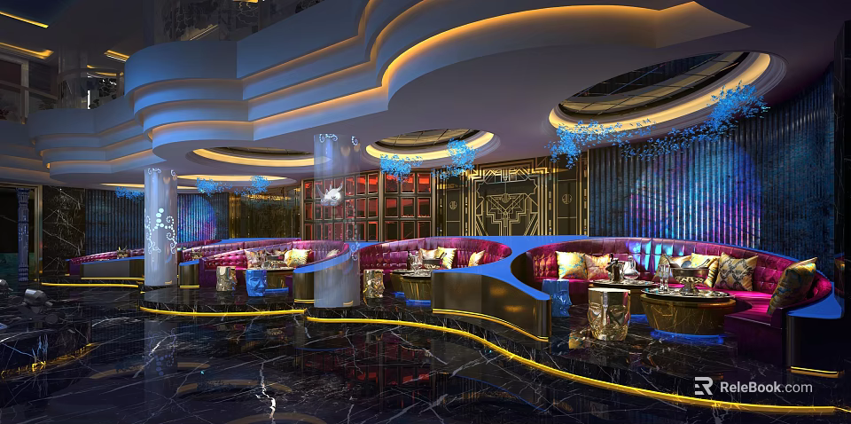 Luxurious Modern Bar Interior With Curved Ceilings Decorative Lighting And Purple Sofas 3d model 