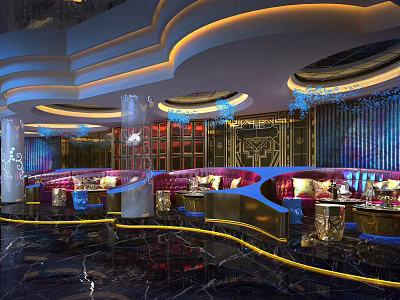 Luxurious Modern Bar Interior With Curved Ceilings Decorative Lighting And Purple Sofas 3d model