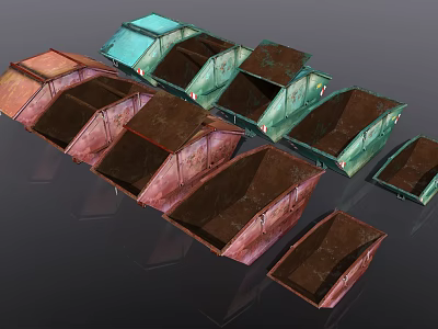 Multiple Green And Brown Metal Trash Bins In Different Sizes With Rusted Surfaces 3d model