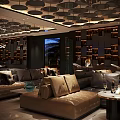 Stylish Modern Bar Interior With Circular Ceiling Decor And Comfortable Leather Seating 3d model