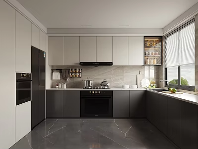 Modern Kitchen Interior With Gray Cabinets Black Appliances And Marble Countertop 3d model
