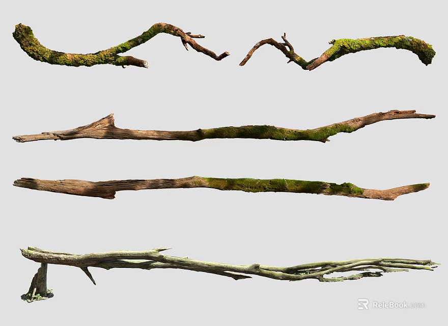Rustic Stone Wood Branches With Green Moss For Natural Home Decor 3d model 