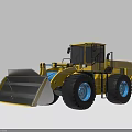 Modern Technology Exhibition Hall Displaying Large Yellow Loader With Blue Wheels