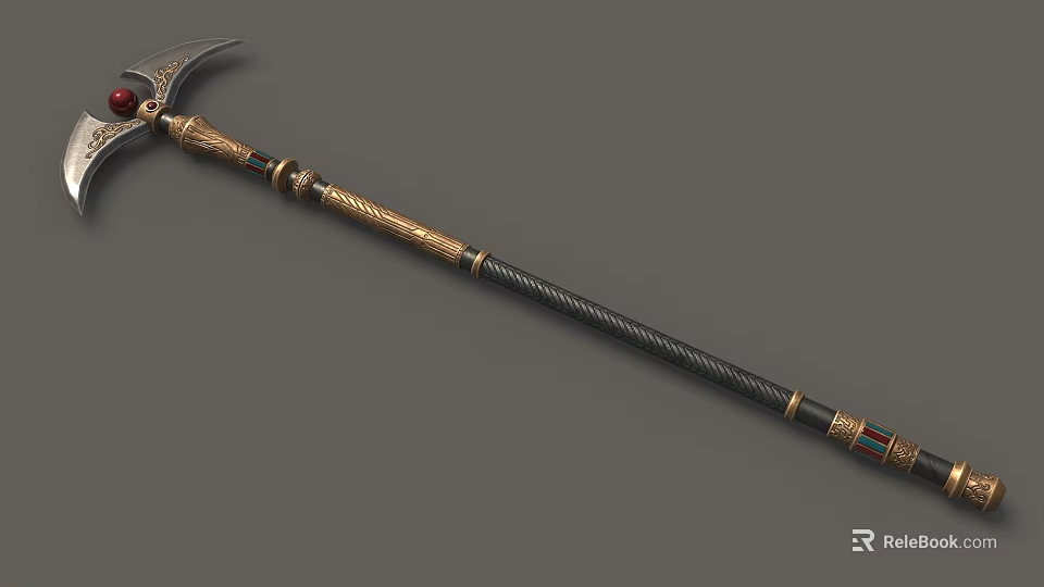 Ornate Weapon Axe With Gold Decorative Accents And Black Engraved Handle 3d model 