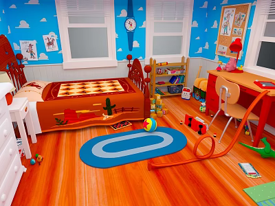 Colorful Kids Room Interior With Blue Cloud Walls Cactus Bedding Wooden Desk And Playful Toys 3d model