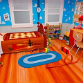 Colorful Kids Room Interior With Blue Cloud Walls Cactus Bedding Wooden Desk And Playful Toys