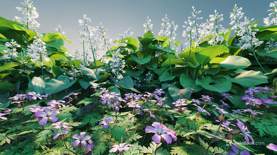 Vibrant Garden Scene With Purple Flowers Green Leaves And White Blossoms 3d model 