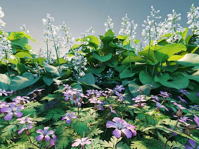 Vibrant Garden Scene With Purple Flowers Green Leaves And White Blossoms 3d model