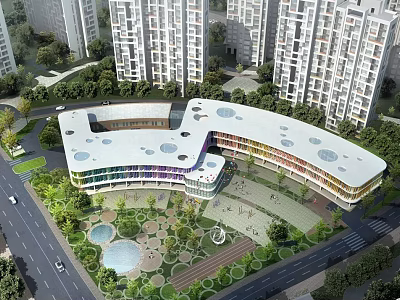 Modern School Building Design With Dome Skylights Green Garden And Plaza 3d model