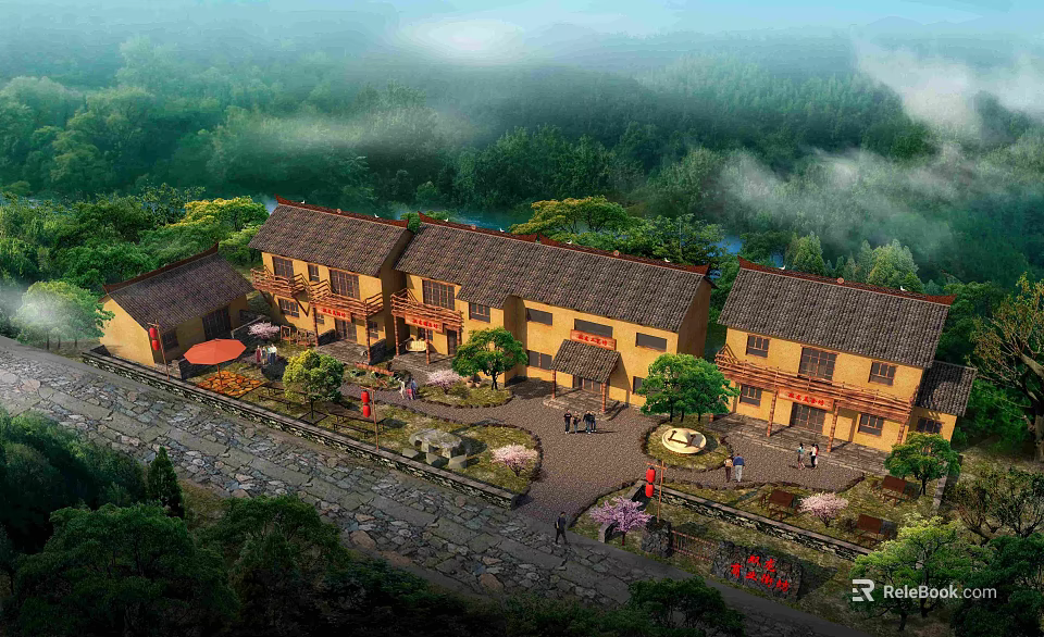 Scenic Commercial Complex with Traditional Style Buildings Amidst Natural Greenery and Leisure Areas 3d model 