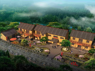 Scenic Commercial Complex with Traditional Style Buildings Amidst Natural Greenery and Leisure Areas 3d model