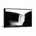 Black and White Landscape Painting Featuring Waterfall Between Mountains With Mist