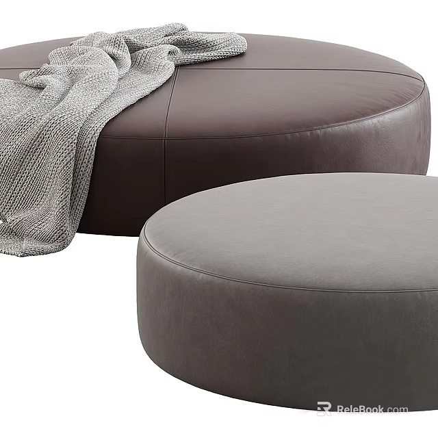 Modern Brown Leather Ottoman With Gray Knitted Blanket And Gray Velvet Ottoman 3d model 