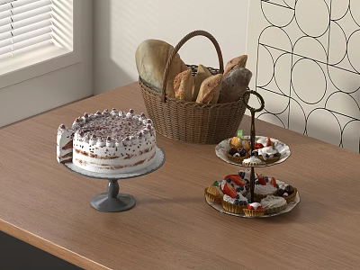 Delicious Cake and Bread Basket with Multi Tiered Dessert Stand on Wooden Table 3d model