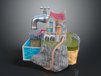 Whimsical Cartoon Scene With Water Faucet Small House Red Roof Rock Pool Rope And Grass 3d model