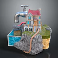 Whimsical Cartoon Scene With Water Faucet Small House Red Roof Rock Pool Rope And Grass
