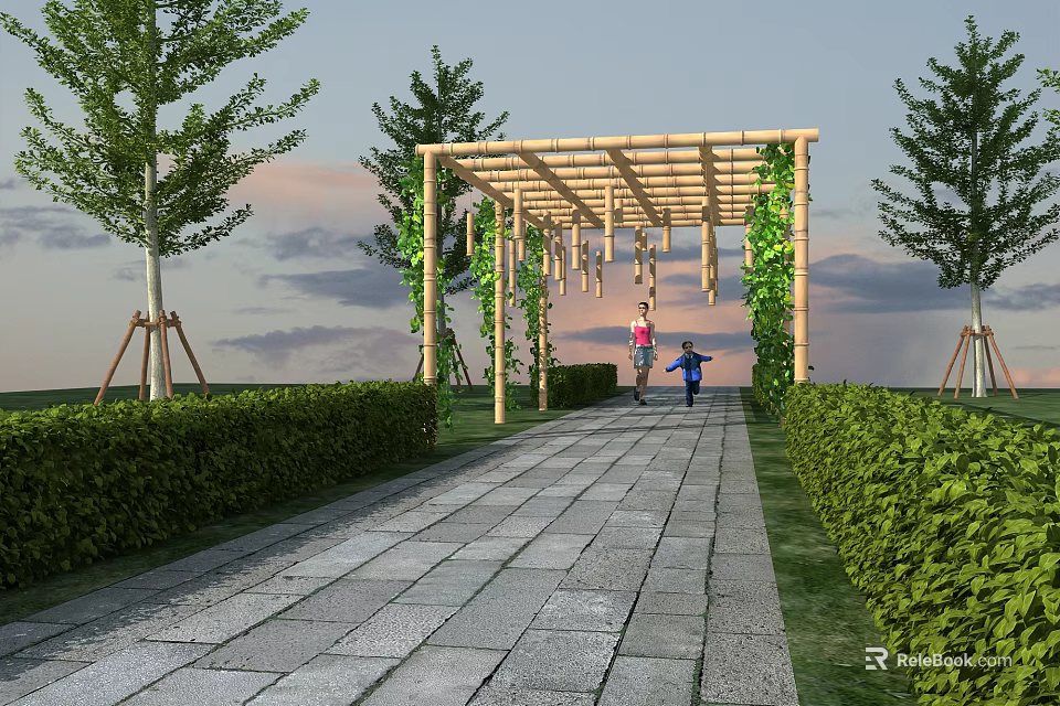 Pergola with Wooden Structure Climbing Vines Greenery and Evening Sky Over Stone Pathway 3d model 