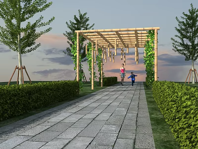 Pergola with Wooden Structure Climbing Vines Greenery and Evening Sky Over Stone Pathway 3d model