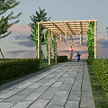 Pergola with Wooden Structure Climbing Vines Greenery and Evening Sky Over Stone Pathway